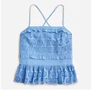 J Crew Blue Cross-back Smocked Waist Eyelet Ruffle Tank Top L